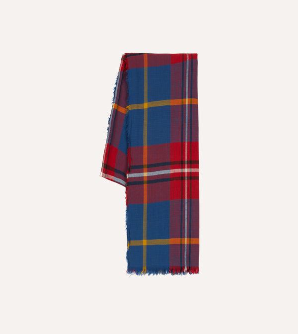 drake's Blue Tartan Washed Check Wool Scarf