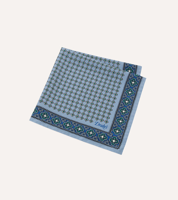 Drake's Blue Vintage Tile Print Silk Pocket Square