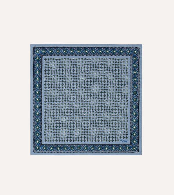 drake's Blue Vintage Tile Print Silk Pocket Square