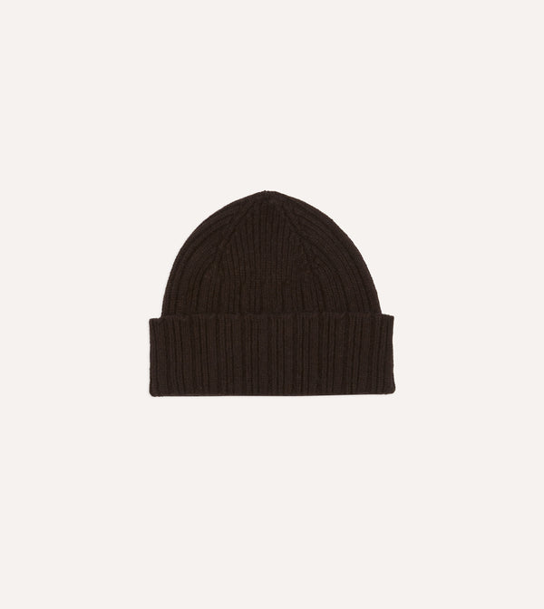 drake's Brown Angora Lambswool Ribbed Knit Cap