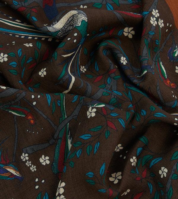 Drake's Brown Birds Of Paradise Print Wool Scarf
