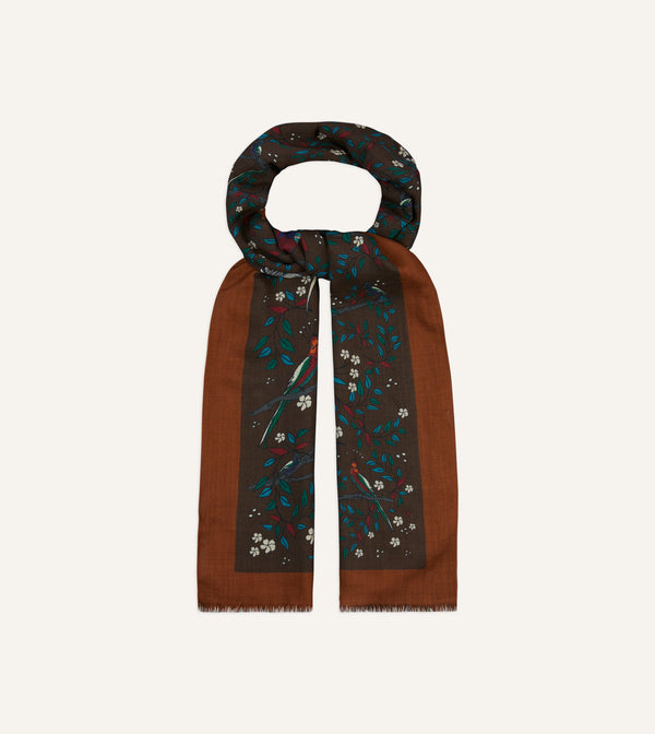 Drake's Brown Birds Of Paradise Print Wool Scarf