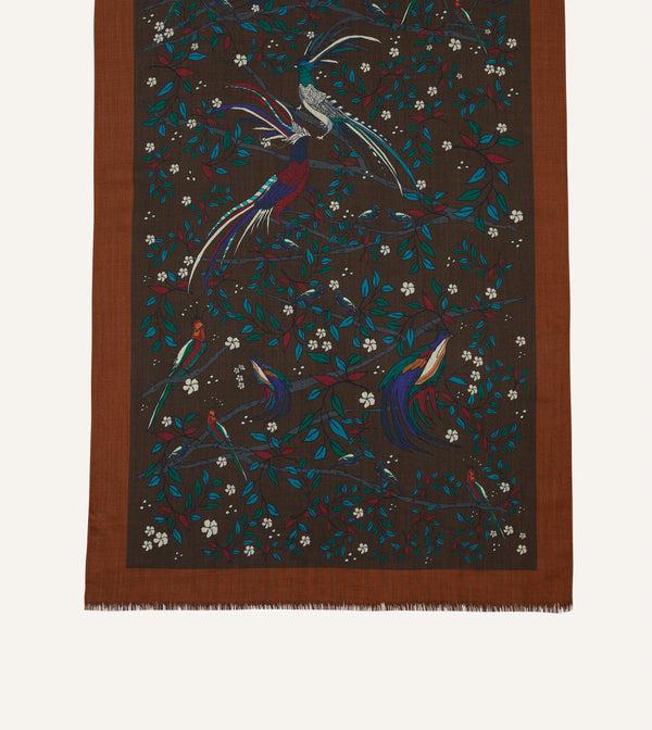 Drake's Brown Birds Of Paradise Print Wool Scarf