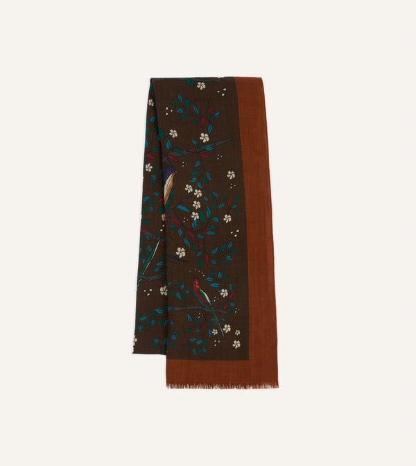 drake's Brown Birds of Paradise Print Wool Scarf