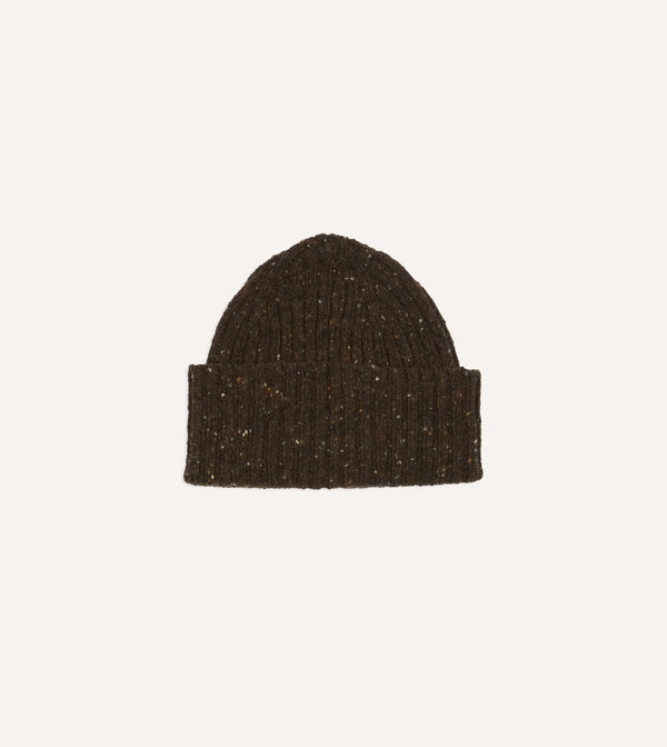 drake's Brown Donegal Ribbed Merino Knit Cap