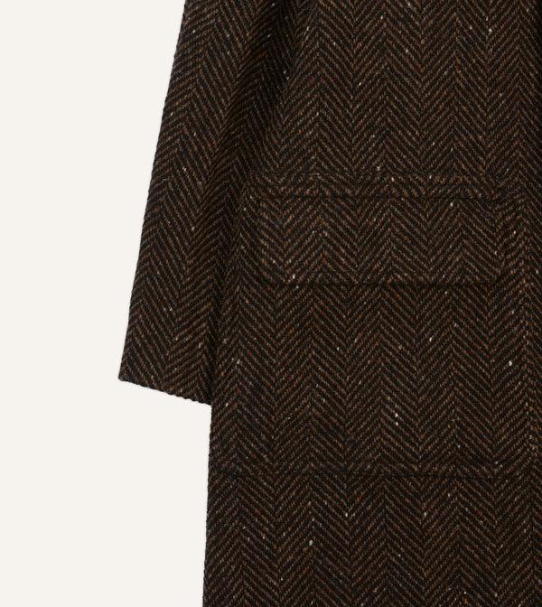 Drake's Brown Herringbone Wool Raglan Coat