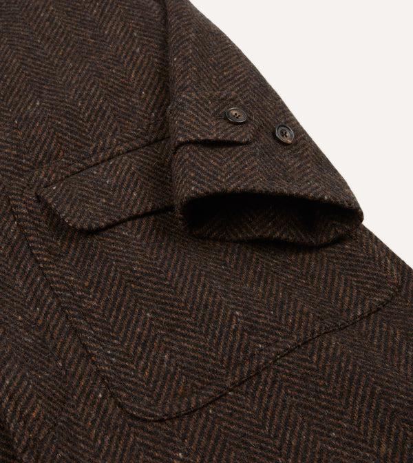 Drake's Brown Herringbone Wool Raglan Coat