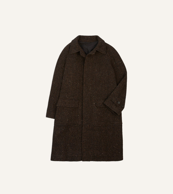 drake's Brown Herringbone Wool Raglan Coat