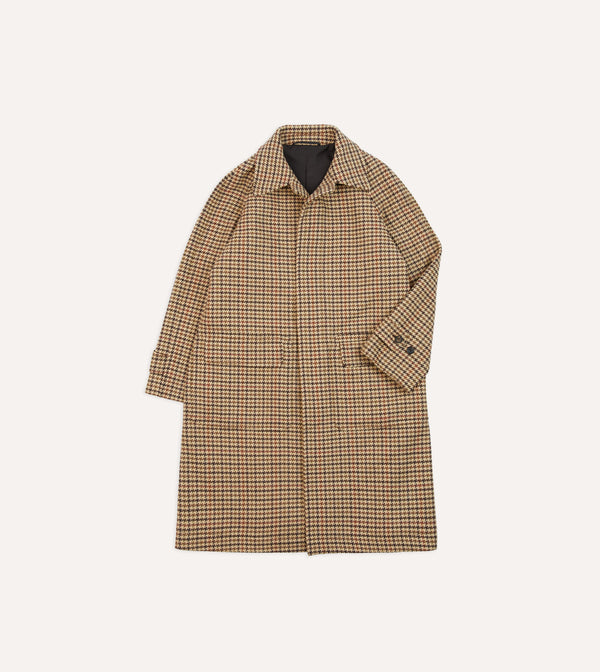 drake's Brown Houndstooth Check Wool Raglan Coat