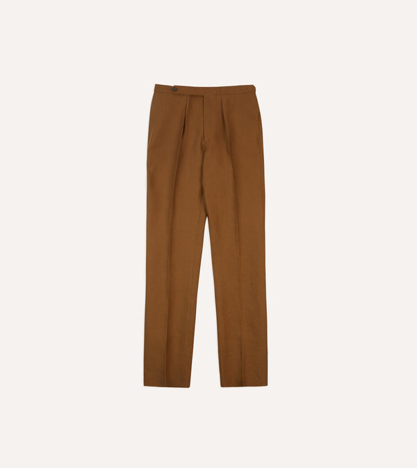 Drake's Brown Irish Linen Single Pleat Trouser
