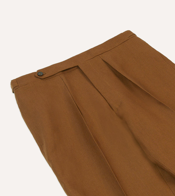 Drake's Brown Irish Linen Single Pleat Trouser