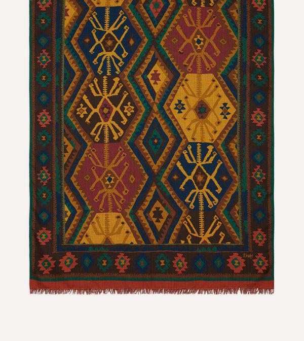 Drake's Brown Kilim Print Wool-Silk Scarf