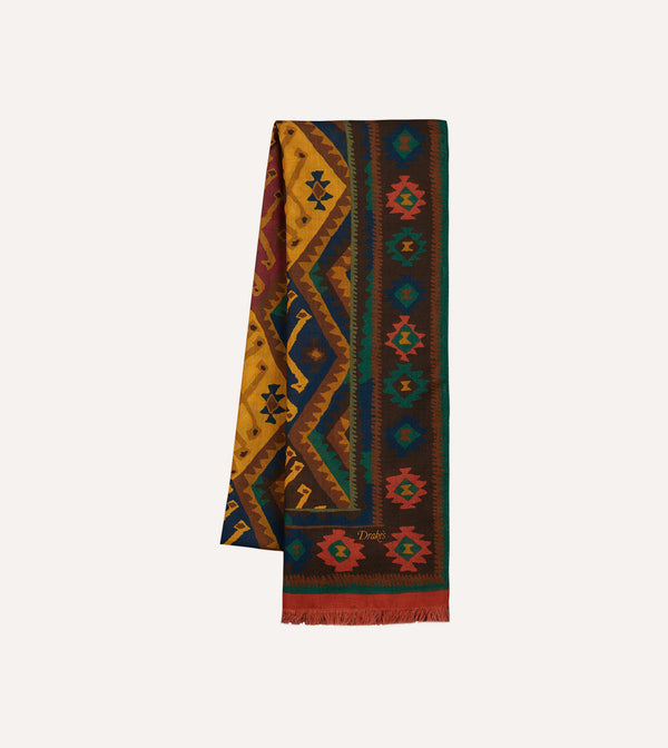 Drake's Brown Kilim Print Wool-Silk Scarf