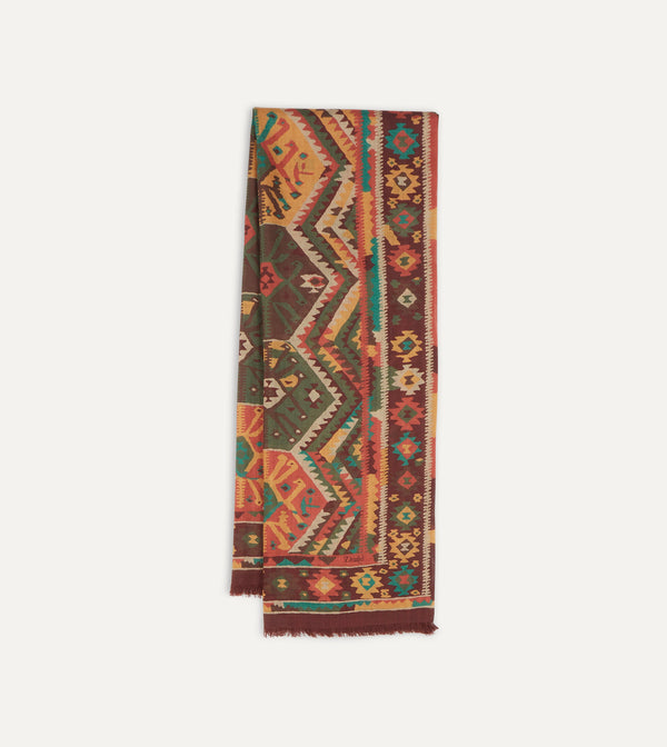 Drake's Brown Kilim Print Wool-Silk Scarf