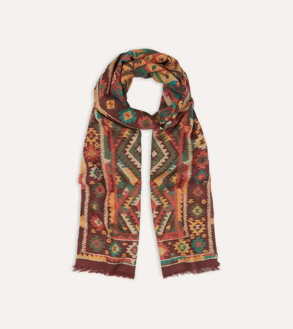 drake's Brown Kilim Print Wool-Silk Scarf