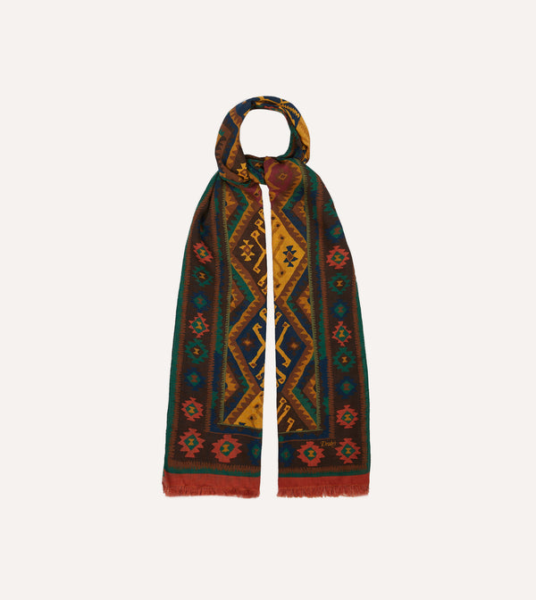 drake's Brown Kilim Print Wool-Silk Scarf