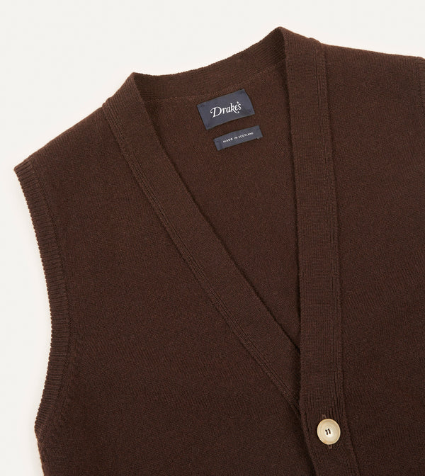 Drake's Brown Lambswool Sleeveless Cardigan