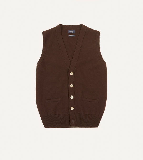 drake's Brown Lambswool Sleeveless Cardigan