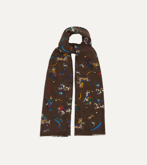 Drake's Brown Mughal And Stars Print Wool Scarf
