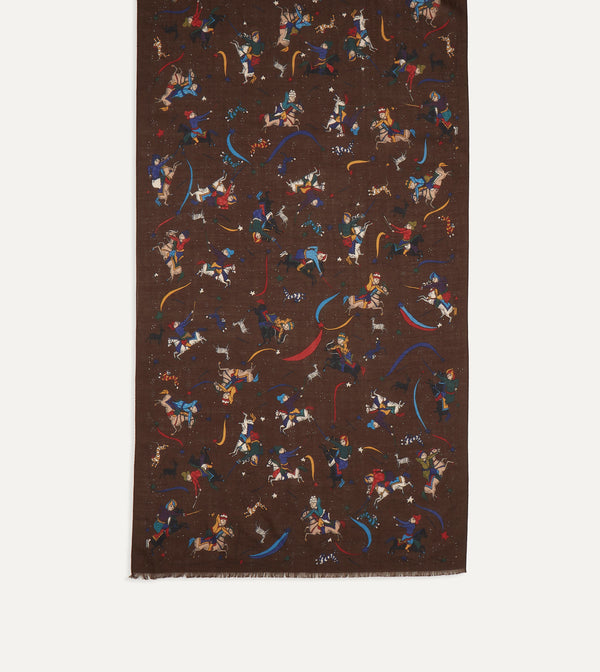 Drake's Brown Mughal And Stars Print Wool Scarf