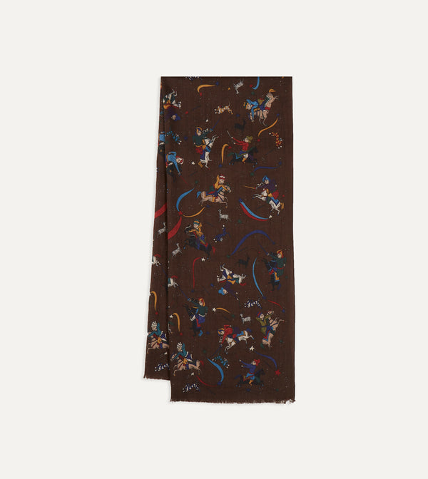 drake's Brown Mughal and Stars Print Wool Scarf