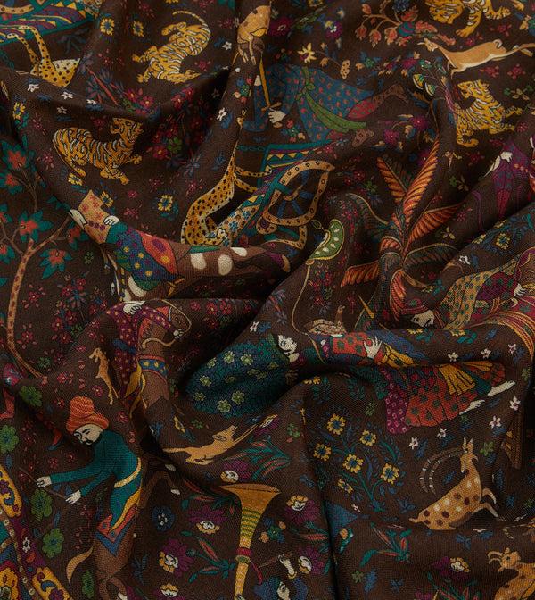 Drake's Brown Mughal Hunter Print Wool-Silk Scarf