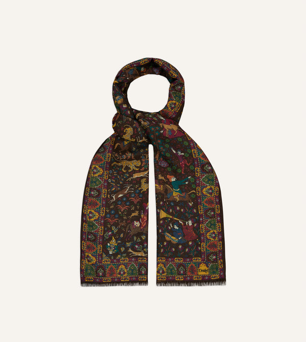 Drake's Brown Mughal Hunter Print Wool-Silk Scarf