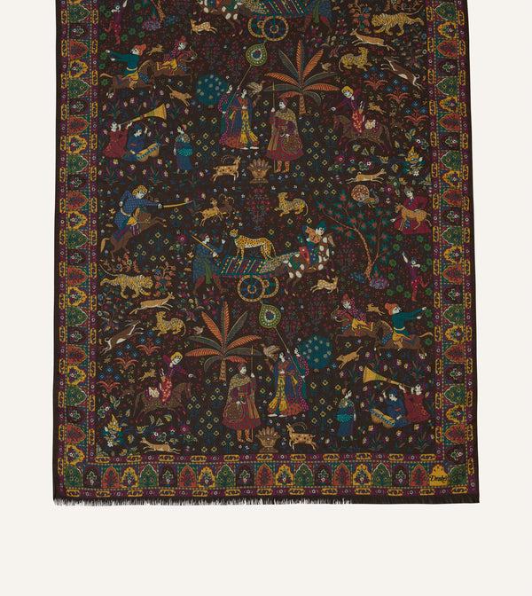 Drake's Brown Mughal Hunter Print Wool-Silk Scarf
