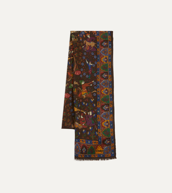 Drake's Brown Mughal Hunter Print Wool-Silk Scarf