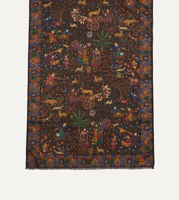 Drake's Brown Mughal Hunter Print Wool-Silk Scarf