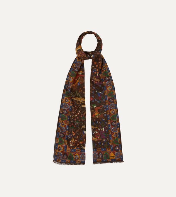 drake's Brown Mughal Hunter Print Wool-Silk Scarf