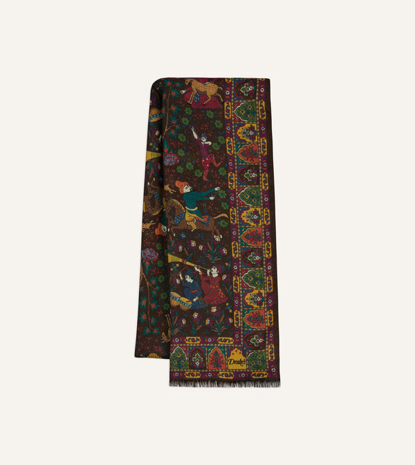 drake's Brown Mughal Hunter Print Wool-Silk Scarf