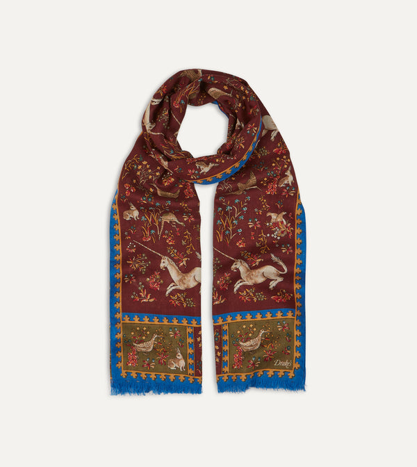 Drake's Burgundy Unicorn Print Wool-Silk Scarf