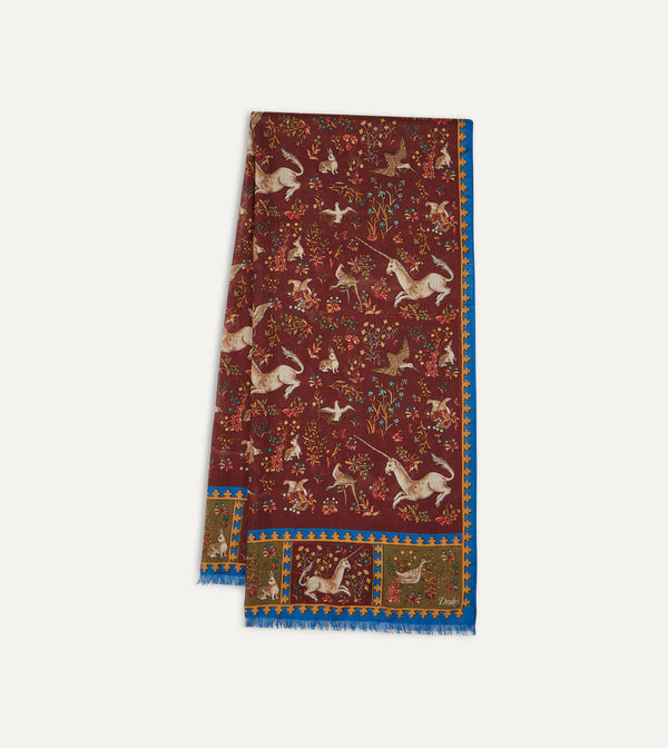 drake's Burgundy Unicorn Print Wool-Silk Scarf