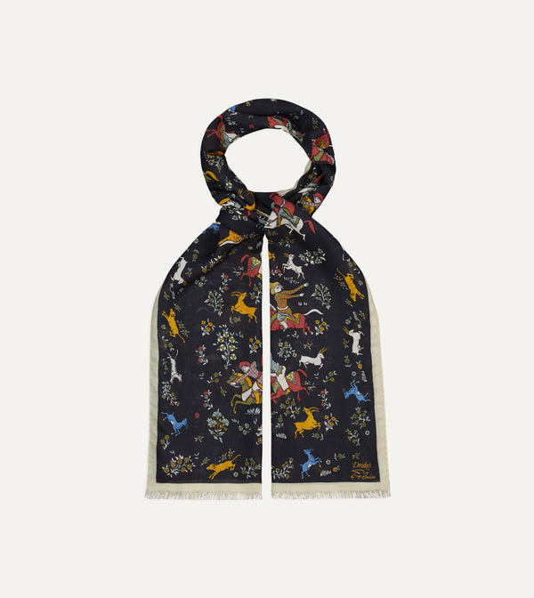 Drake's Drake's By A. Levine Black Mughal Print Wool-Silk Scarf