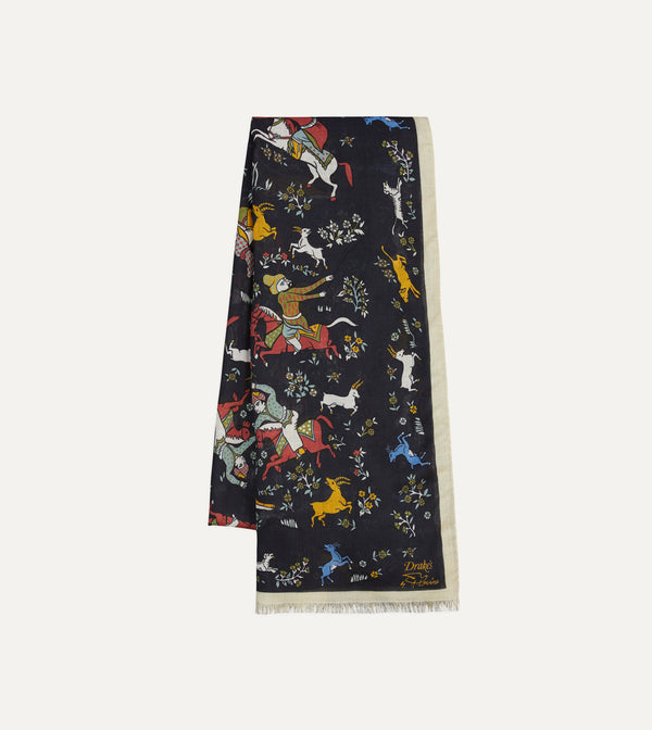 drake's Drake's by A. Levine Black Mughal Print Wool-Silk Scarf