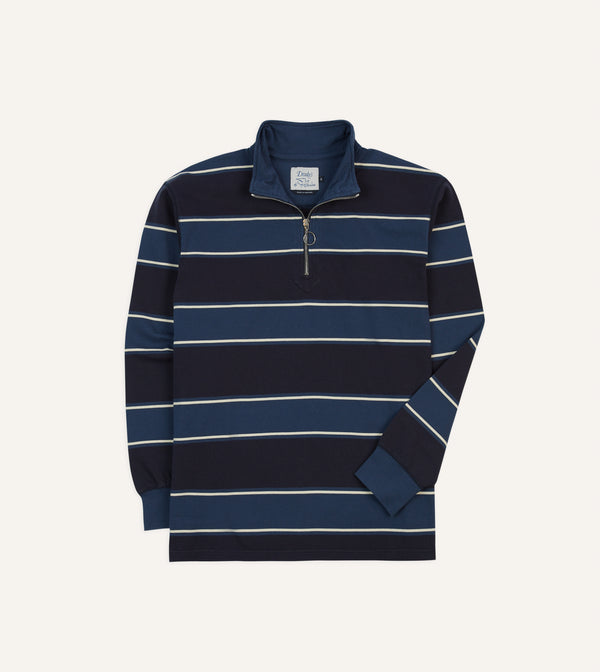 drake's Drake's by A. Levine Navy Stripe Cotton Quarter Zip Rugby Shirt