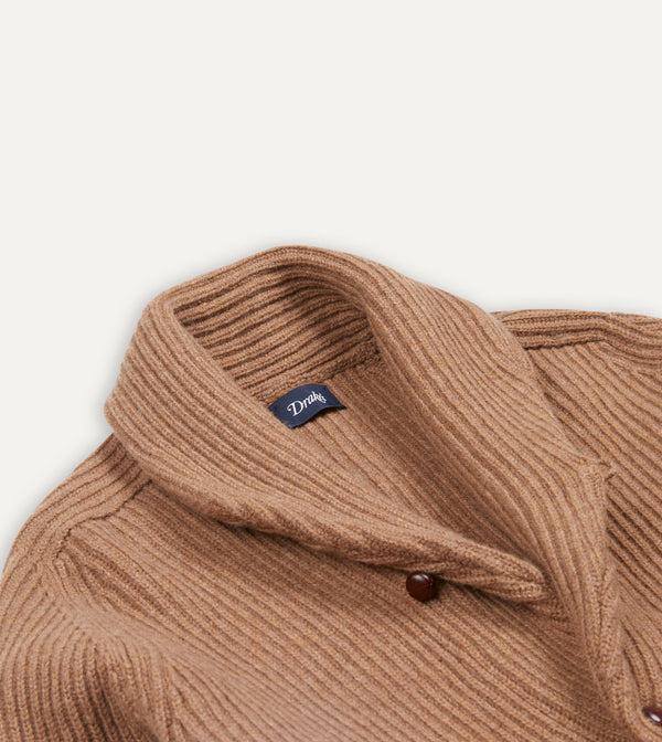 Drake's Camel Lambswool Shawl Collar Cardigan