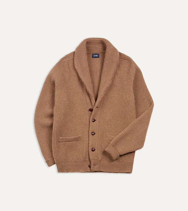 drake's Camel Lambswool Shawl Collar Cardigan
