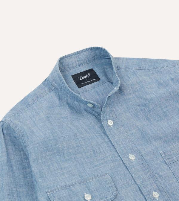 Drake's Chambray Cotton Mandarin Collar Shirt