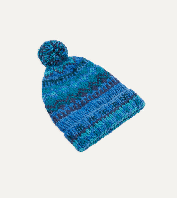 Drake's Chamula Blue Fairisle Merino Knit Cap