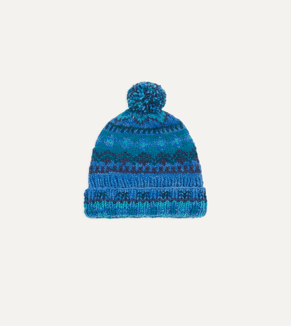 drake's Chamula Blue Fairisle Merino Knit Cap