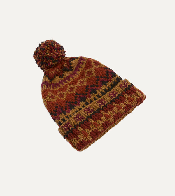 Drake's Chamula Brown Fairisle Merino Knit Cap
