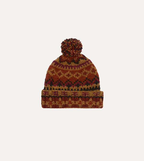 drake's Chamula Brown Fairisle Merino Knit Cap