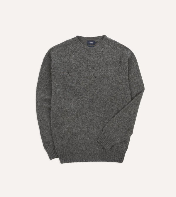 drake's Charcoal Brushed Shetland Crew Neck Jumper