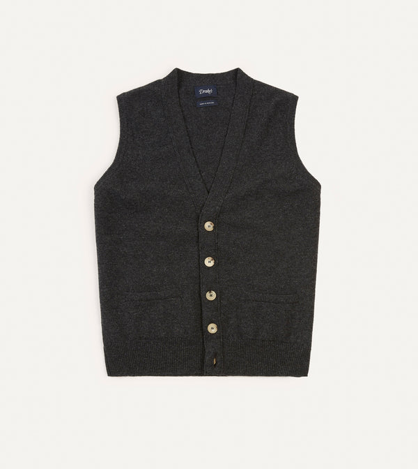drake's Charcoal Lambswool Sleeveless Cardigan