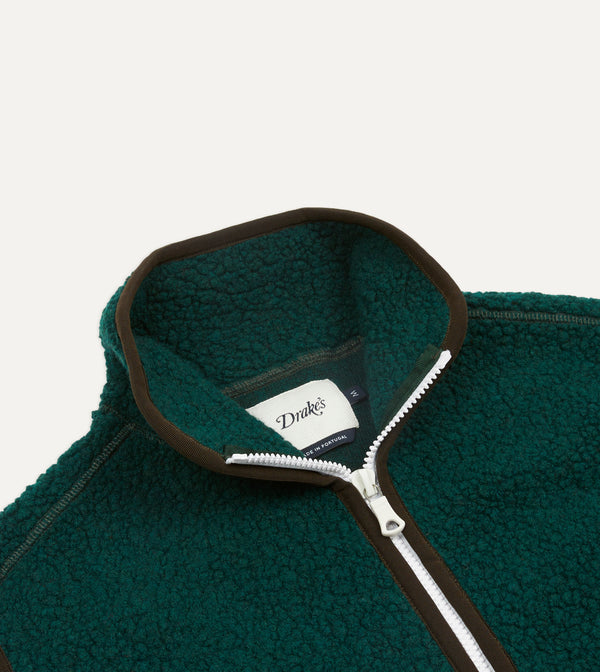 Drake's Dark Green Boucle Wool Zip Fleece Vest