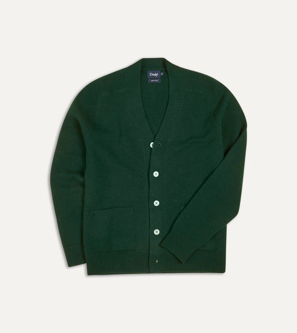 drake's Dark Green Lambswool 6 Button Cardigan