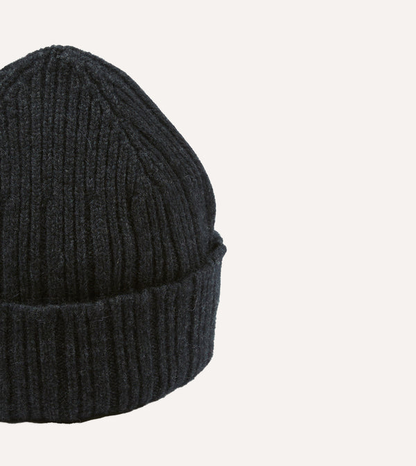 Drake's Dark Grey Angora Lambswool Ribbed Knit Cap
