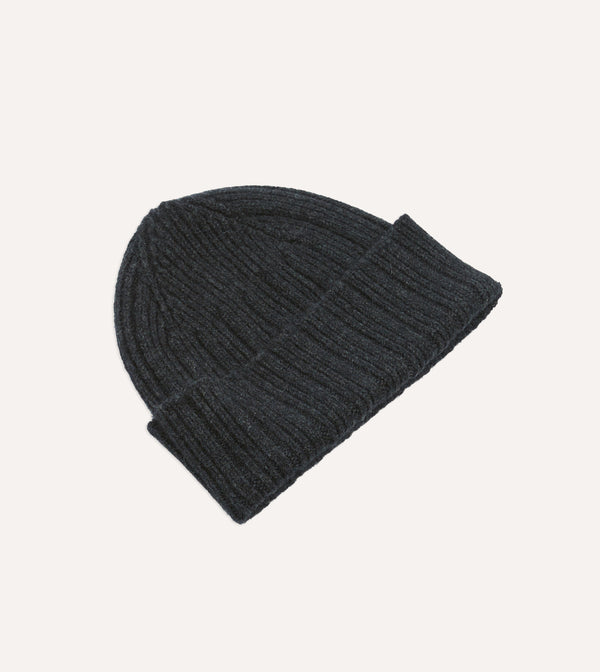 Drake's Dark Grey Angora Lambswool Ribbed Knit Cap